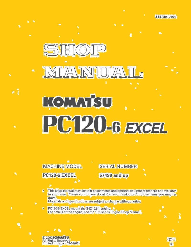 Komatsu PC120-6 EXCEL Excavator Workshop Repair Service Manual PDF download