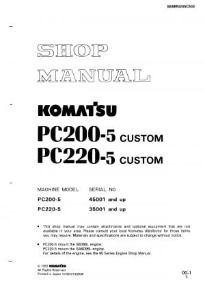 Komatsu PC200-5/PC220-5 Custom Diesel Excavator Workshop Repair Service Manual PDF download