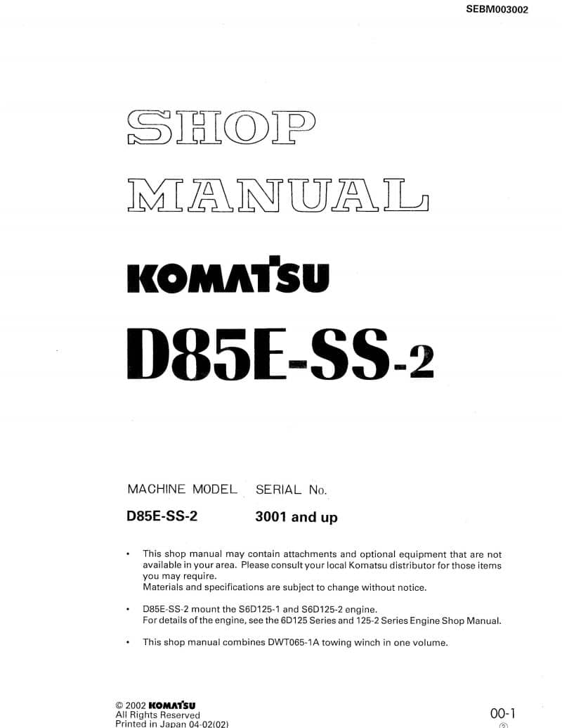 Komatsu Crawler Dozer D85E-SS-2 Workshop Repair Service Manual PDF Download