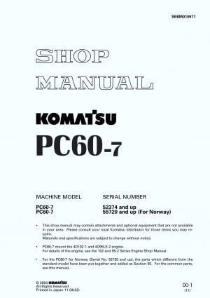 Komatsu PC60-7 Hydraulic Excavator Workshop Repair Service Manual PDF Download