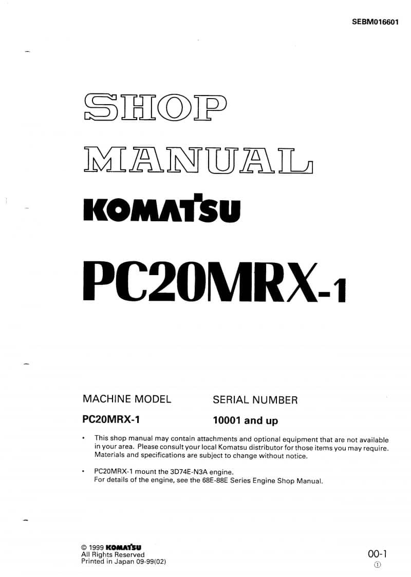 Komatsu PC20MRX-1 Hydraulic Excavator Workshop Repair Service Manual PDF Download