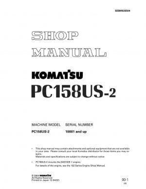 Komatsu PC158US-2 Hydraulic Excavator Workshop Repair Service Manual PDF Download