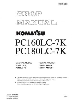 Komatsu PC160LC-7K PC180LC-7K Hydraulic Excavator Workshop Repair Service Manual PDF Download