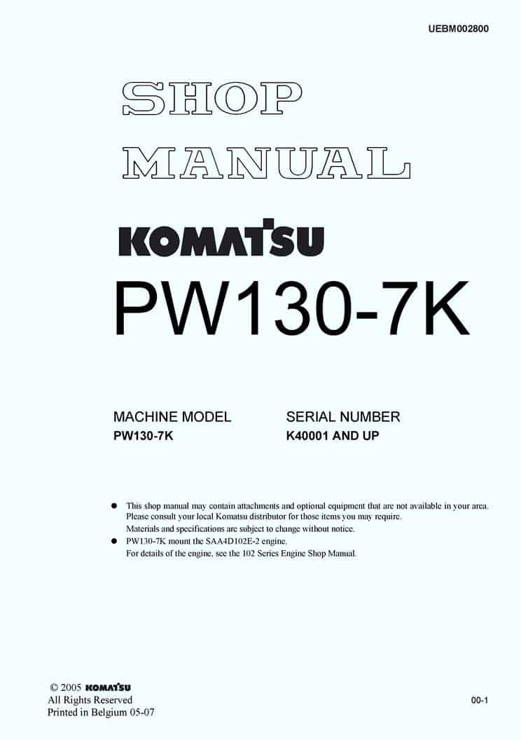 Komatsu PW130-7K Hydraulic Wheel Excavator Workshop Repair Service Manual PDF Download