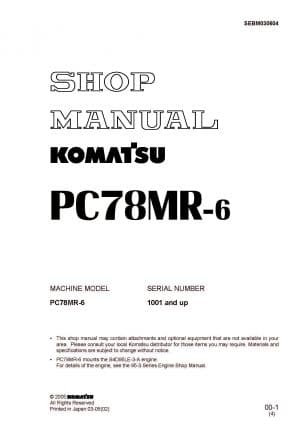 Komatsu PC78MR-6 Hydraulic Excavator Workshop Repair Service Manual PDF Download