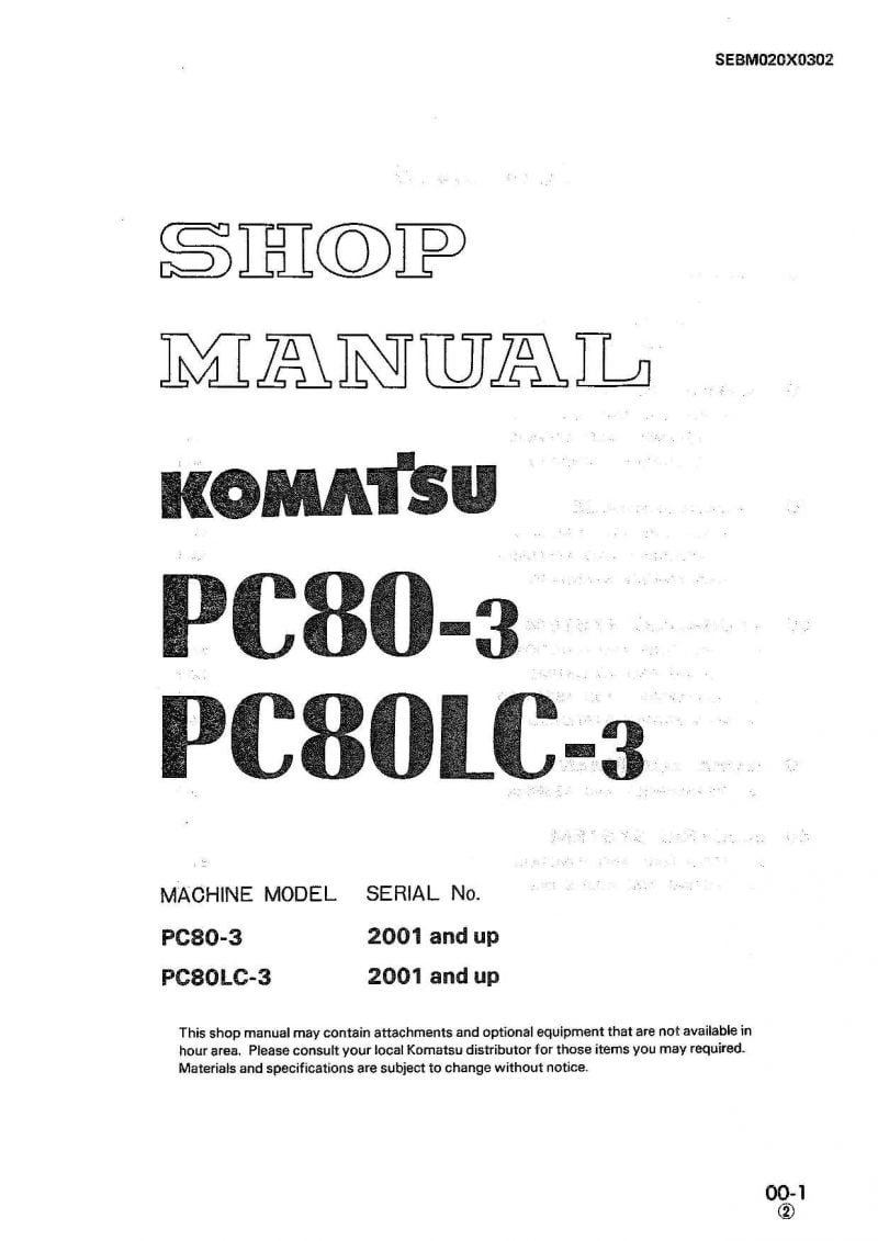 Komatsu PC80-3/ PC80LC-3 Hydraulic Excavator Workshop Repair Service Manual PDF Download