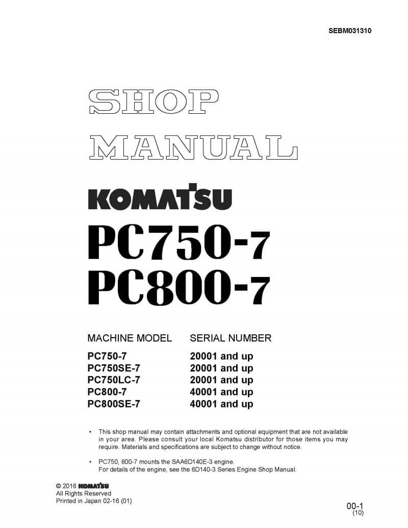 Komatsu PC800-7/ PC750-7 Hydraulic Excavator Workshop Repair Service Manual PDF Download