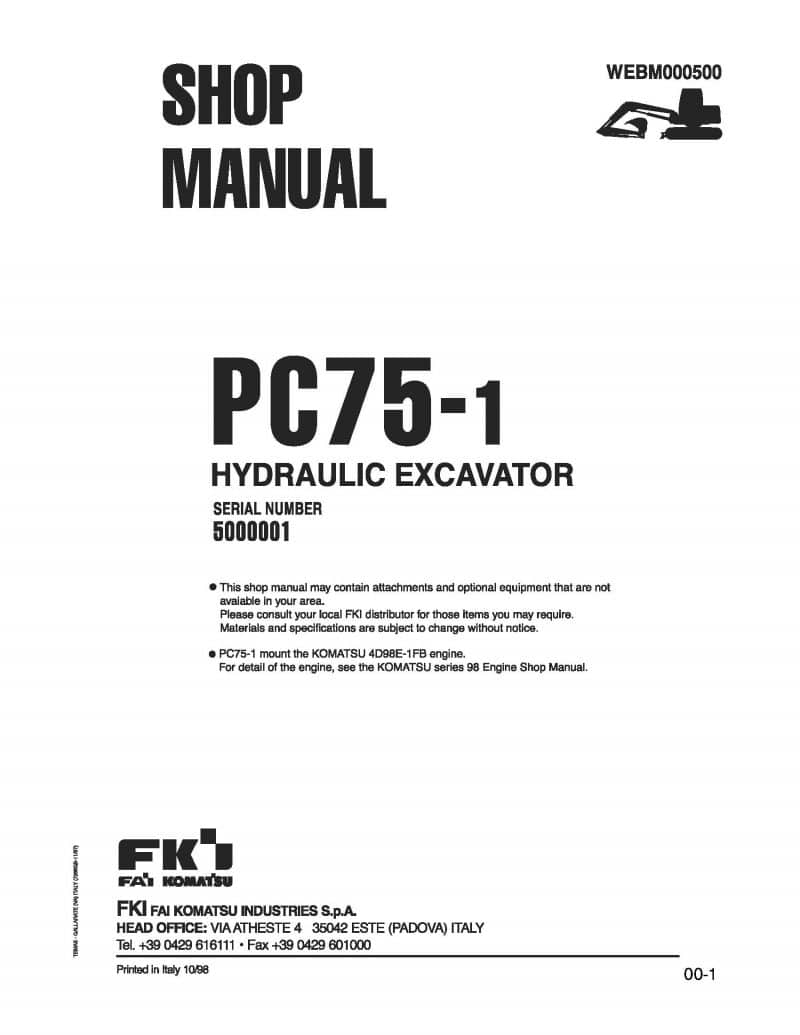Komatsu PC75-1 Hydraulic Excavator Workshop Repair Service Manual PDF Download