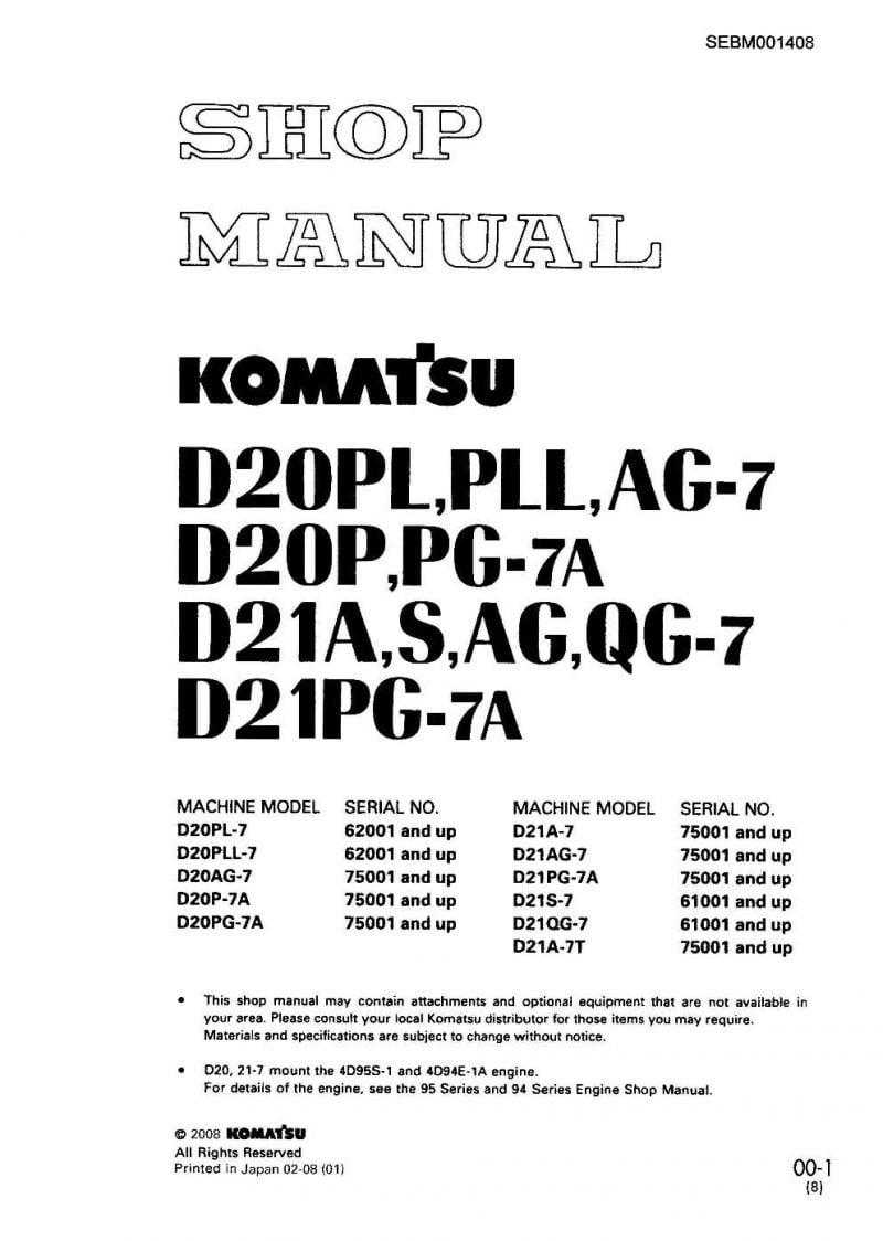 BULLDOZER D20-7/ D21-7 PL,PLL,AG,PG,S,QG SERIAL NUMBER 62001 and up Workshop Repair Service Manual PDF Download