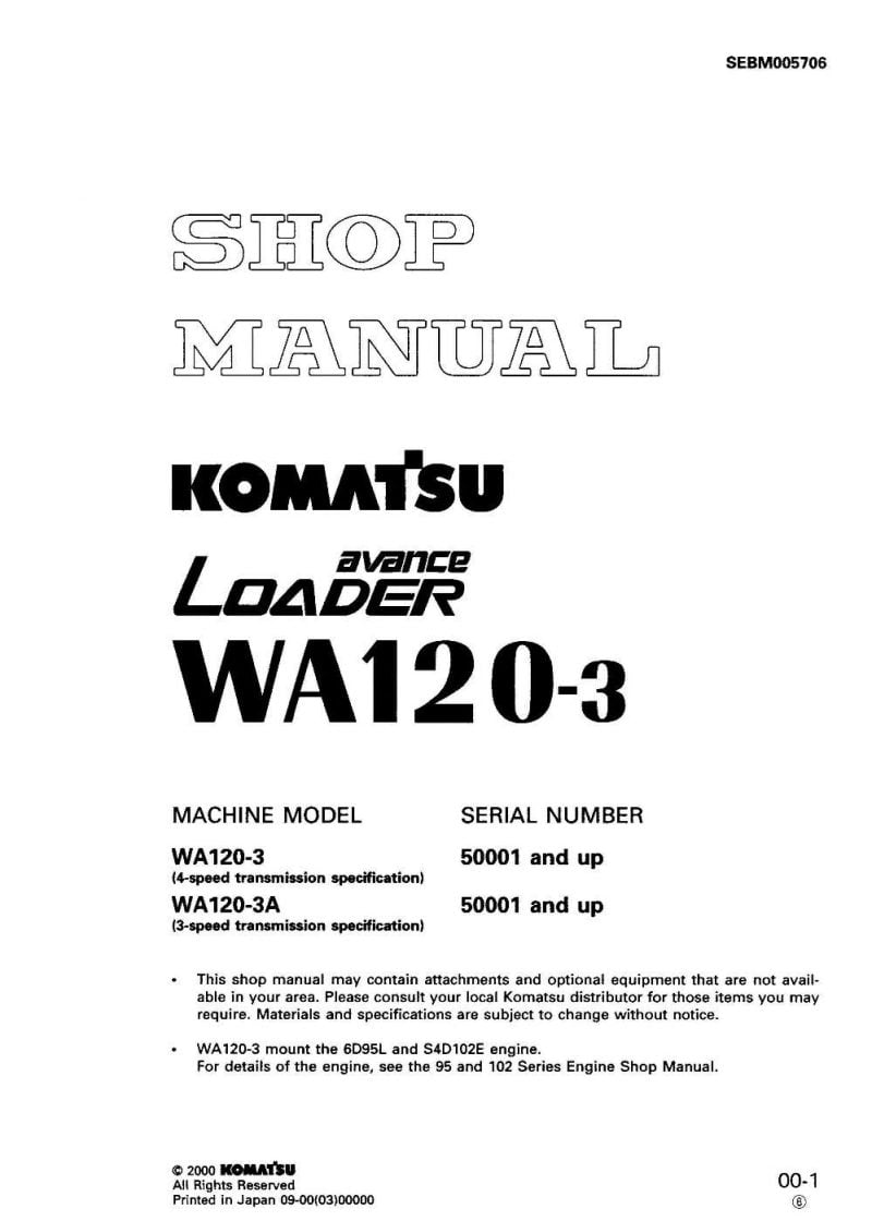 WHEEL LOADER WA120-3/ WA120A-3 SERIAL NUMBERS 50001 and up Workshop Repair Service Manual PDF Download