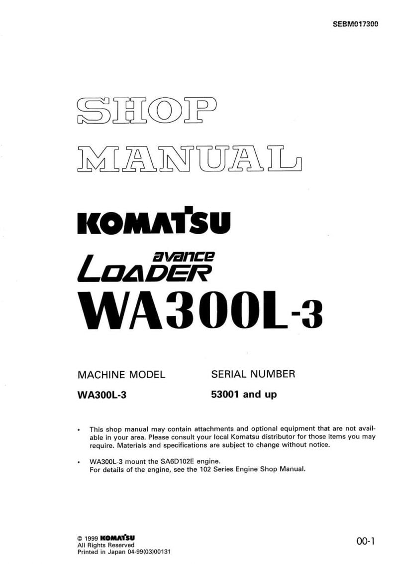 WHEEL LOADER WA300L-3 SERIAL NUMBERS 53001 and up Workshop Repair Service Manual PDF Download