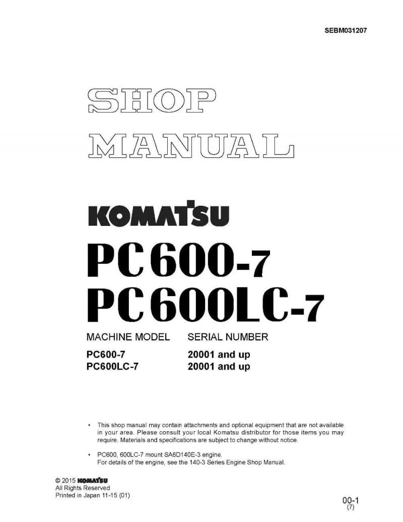 HYDRAULIC EXCAVATOR PC600-7, PC600LC-7 SERIAL NUMBERS 20001 and up Workshop Repair Service Manual PDF Download