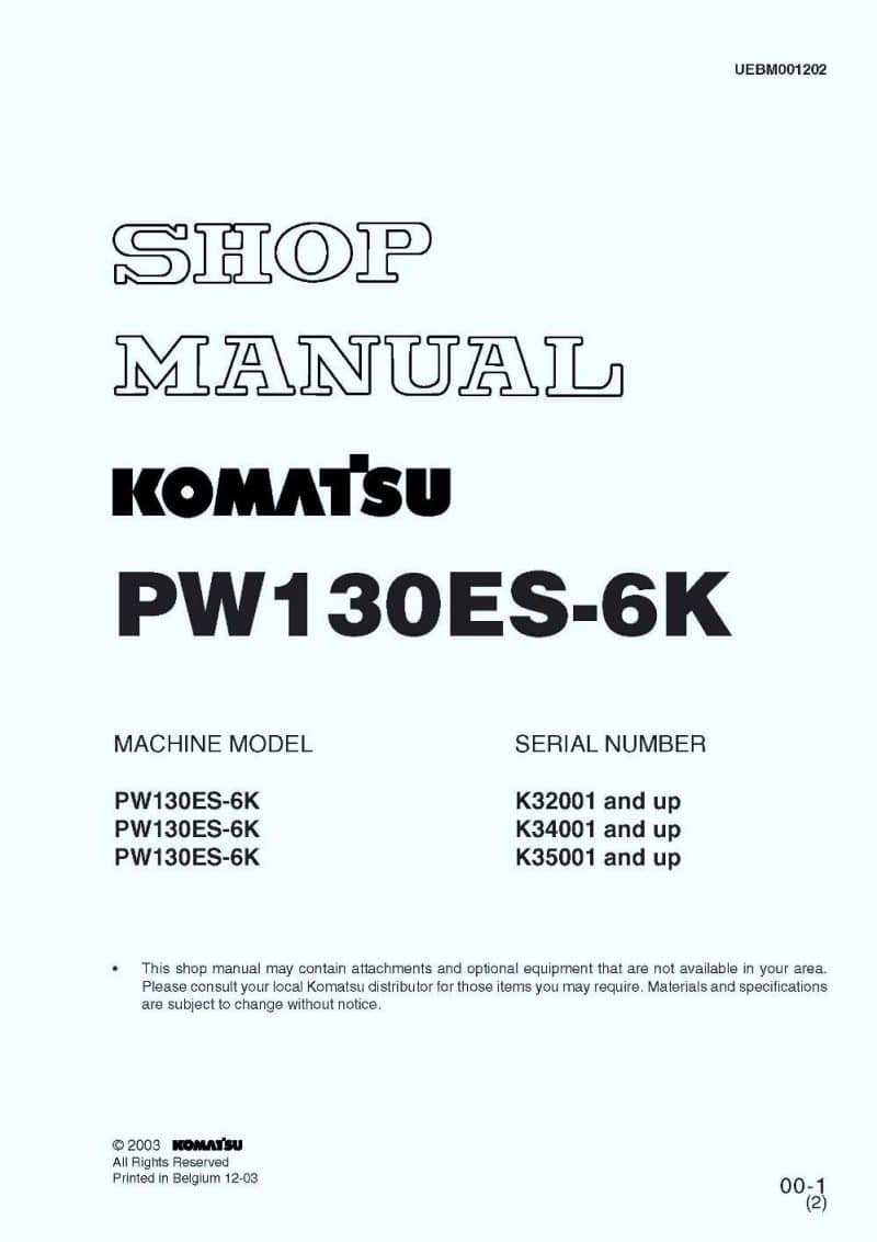 WHEEL EXCAVATOR PW130ES-6K SERIAL NUMBERS K32001 and up Workshop Repair Service Manual PDF Download