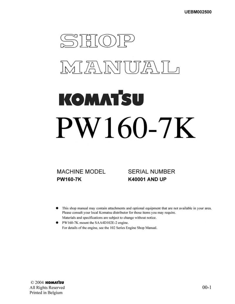 WHEEL EXCAVATOR PW160-7K SERIAL NUMBERS K40001 AND UP Workshop Repair Service Manual PDF Download