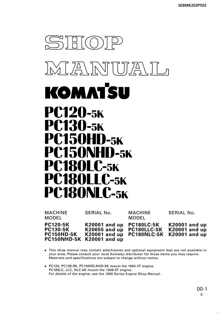 Komatsu HYDRAULIC EXCAVATOR PC120-5K/PC130-5K/PC150-5K/PC180-5K