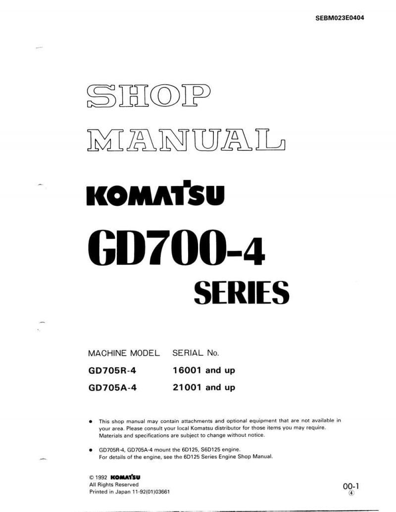 Komatsu MOTOR GRADER GD705R-4/ GD705A-4 Workshop Repair Service Manual PDF Download