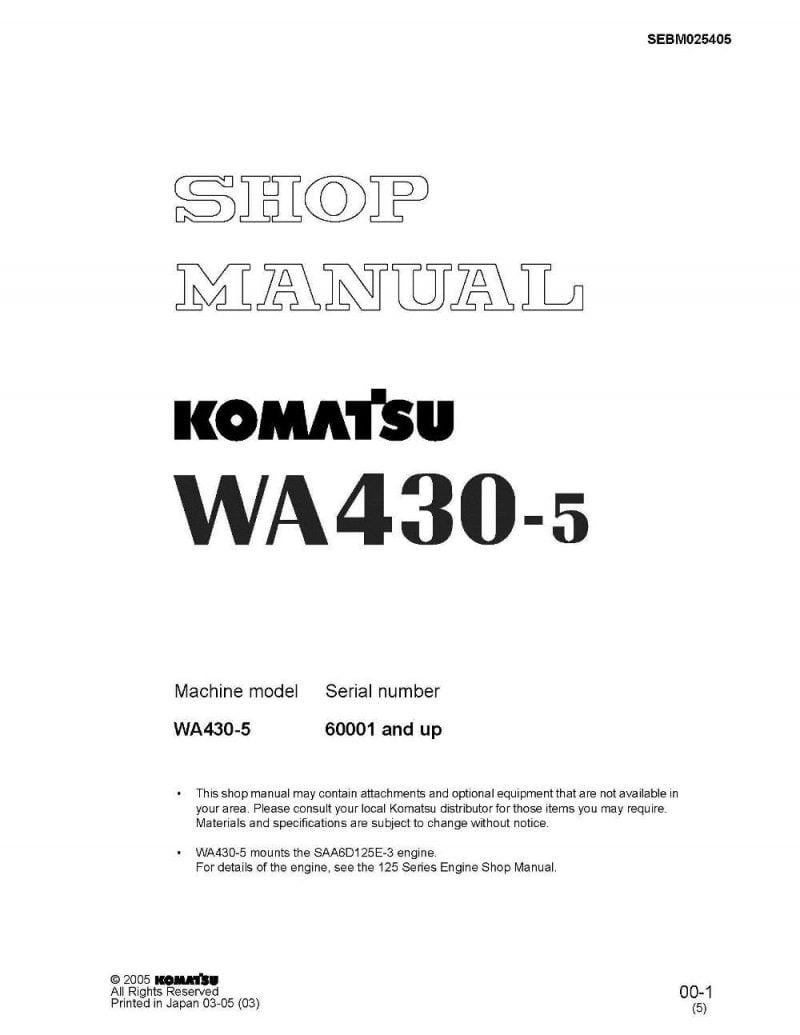 Komatsu WHEEL LOADER WA430-5 Workshop Repair Service Manual PDF Download