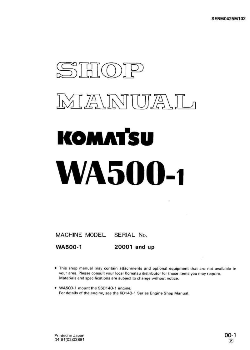 Komatsu WHEEL LOADER WA500-1 Workshop Repair Service Manual PDF Download