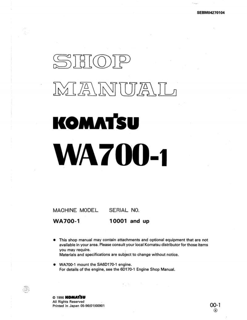 Komatsu WHEEL LOADER WA700-1 Workshop Repair Service Manual PDF Download
