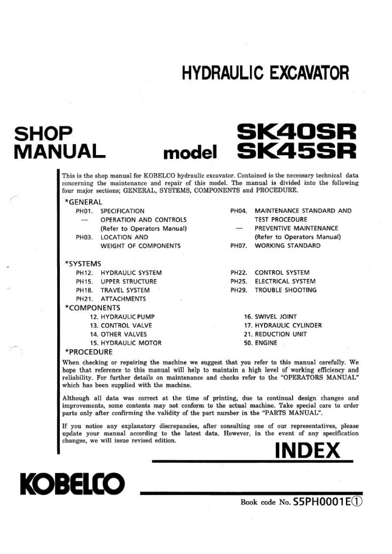 Kobelco SK40SR/ SK45SR Hydraulic Excavator Workshop Repair Service Manual PDF Download