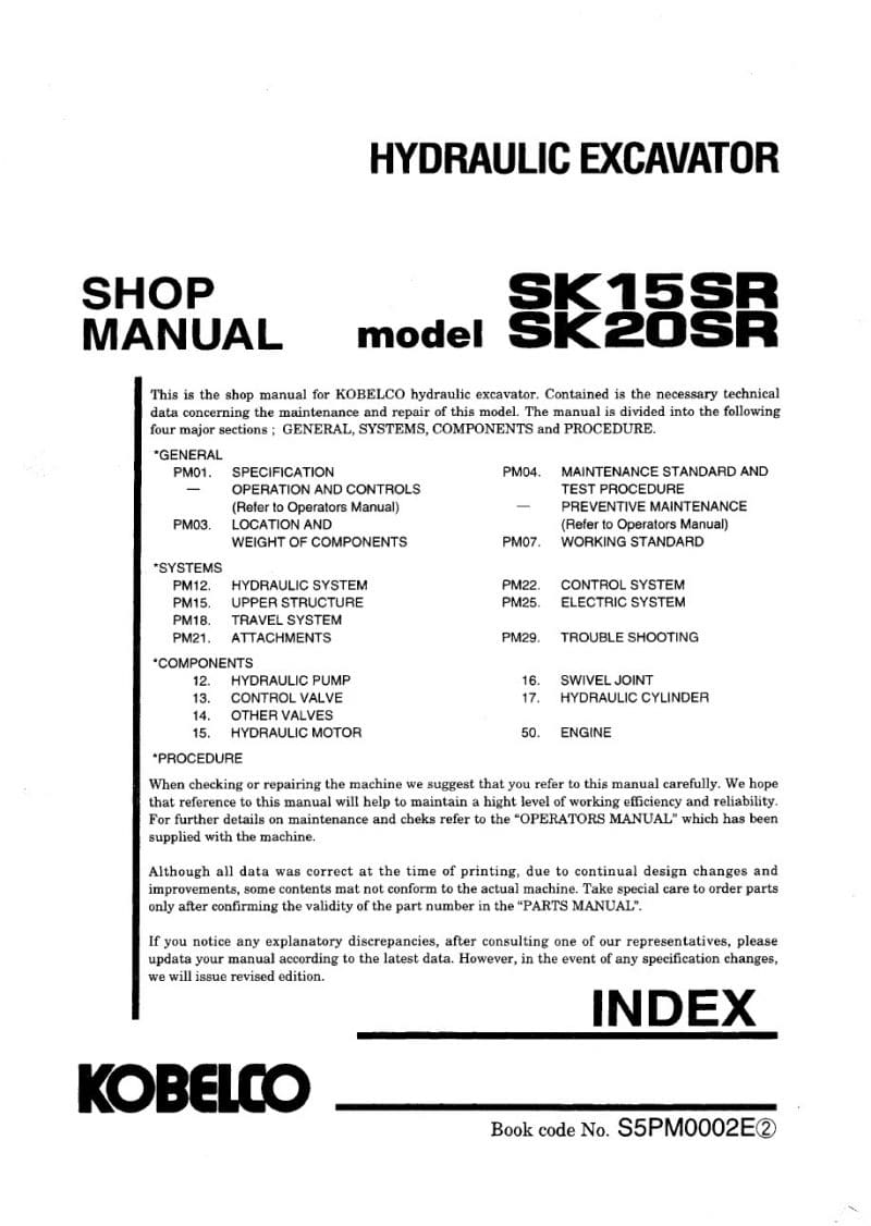 Kobelco SK15SR/ SK20SR Hydraulic Excavator Workshop Repair Service Manual PDF Download