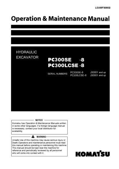 Komatsu PC300SE-8/ PC300LCSE-8 Hydraulic Excavator Operation & Maintenance Manual PDF download