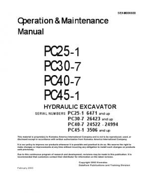 Komatsu PC25-1/ PC30-7/ PC40-7/ PC45-1 Hydraulic Excavator Operation & Maintenance Manual PDF download