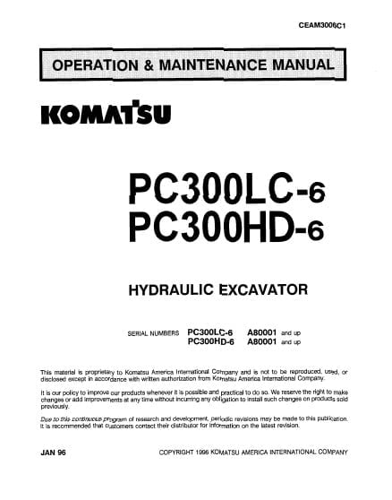 Komatsu PC300LC-6/ PC300HD-6 Hydraulic Excavator Operation & Maintenance Manual PDF download