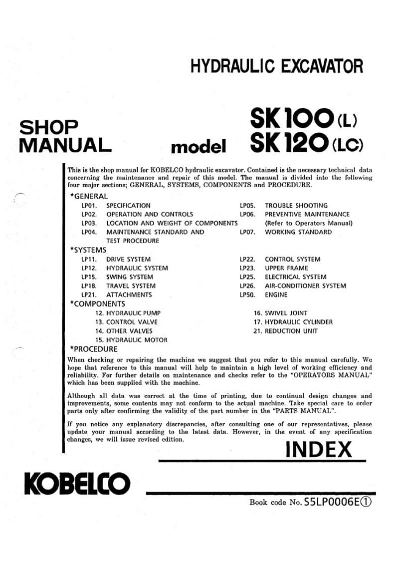 Kobelco SK100/ SK120/ SK100L/ SK120LC Hydraulic Excavator Workshop Repair Service Manual PDF Download