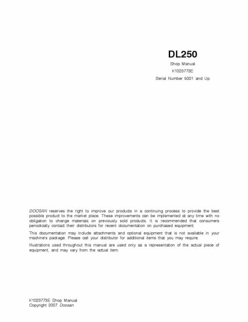 Doosan Wheel Loader DL250 Shop Manual Workshop Repair Service Manual PDF Download