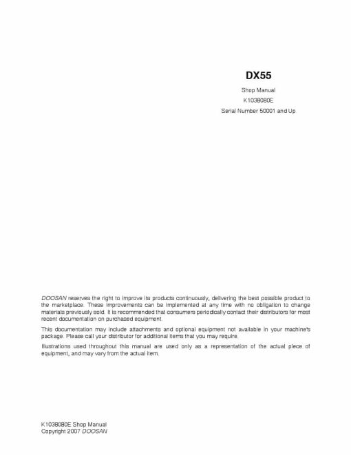 Doosan CRAWLER EXCAVATOR DX55 Shop Manual Workshop Repair Service Manual PDF Download