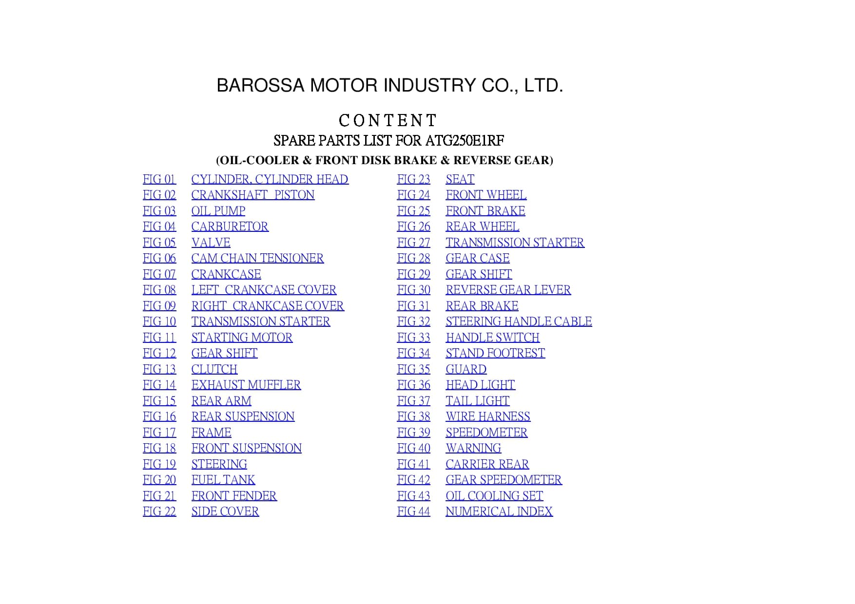 Barossa Silverhawk 250 E1RF Parts List PDF Download