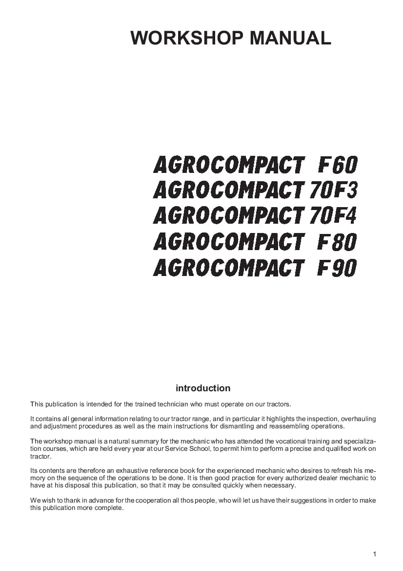 DEUTZ-FAHR AGROCOMPACT F60-F70-F80-F90 English Service Workshop Manual PDF Download