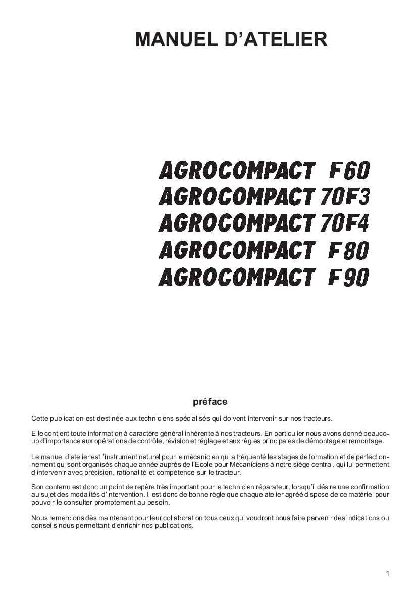 DEUTZ-FAHR AGROCOMPACT F60-F70-F80-F90 Francais Service Workshop Manual PDF Download