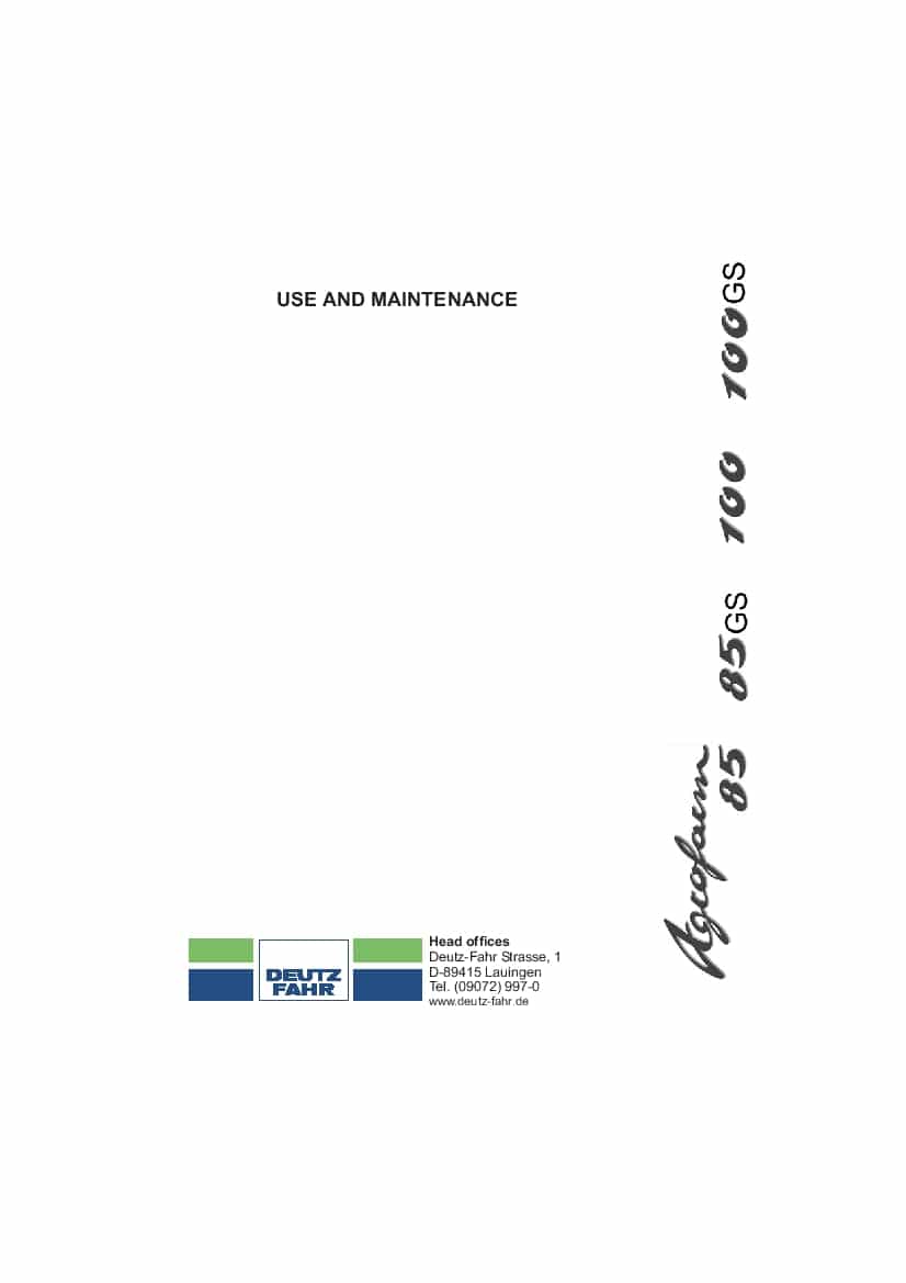 DEUTZ-FAHR AGROFARM 85 100 85-5001 100-5001 English User Manual PDF Download