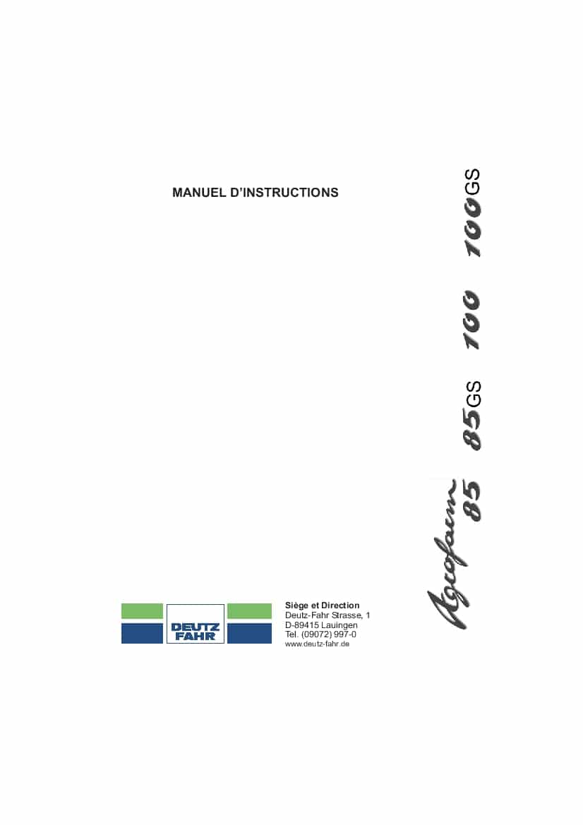 DEUTZ-FAHR AGROFARM 85 100 85-5001 100-5001 Francais User Manual PDF Download