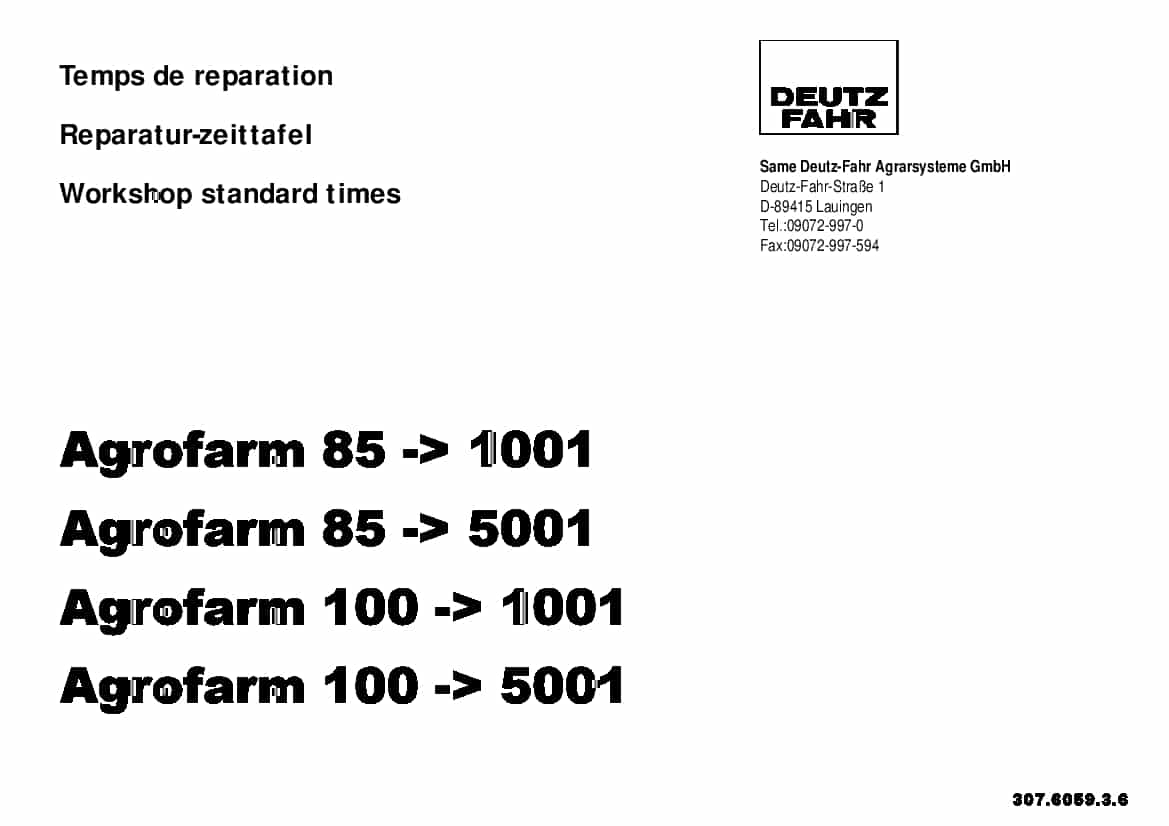 DEUTZ-FAHR Agrofarm - Agrofarm - 5001 Francais Part Manual and Workshop standard times PDF Download