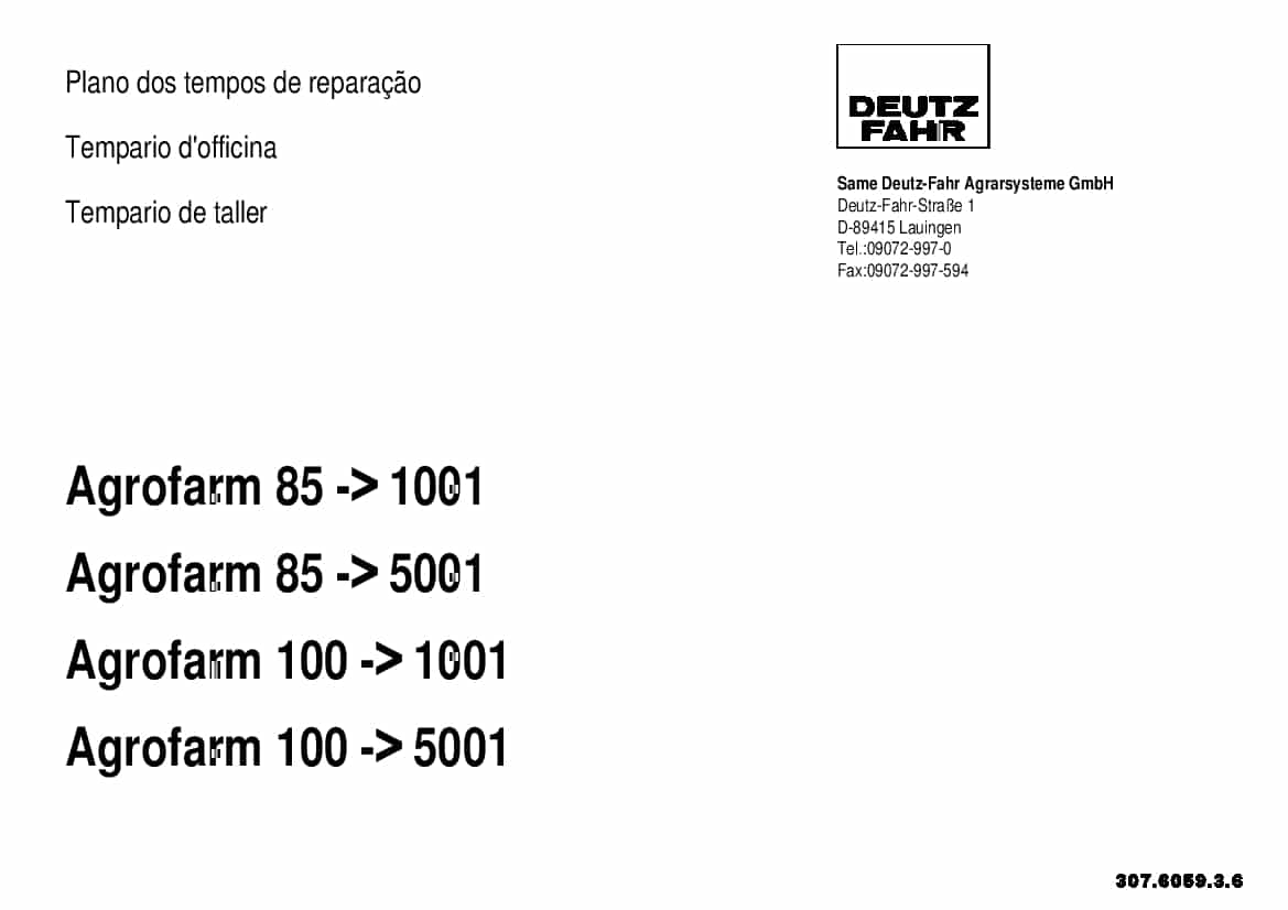 DEUTZ-FAHR Agrofarm - Agrofarm - 5001 Portogues Part Manual and Workshop standard times PDF Download