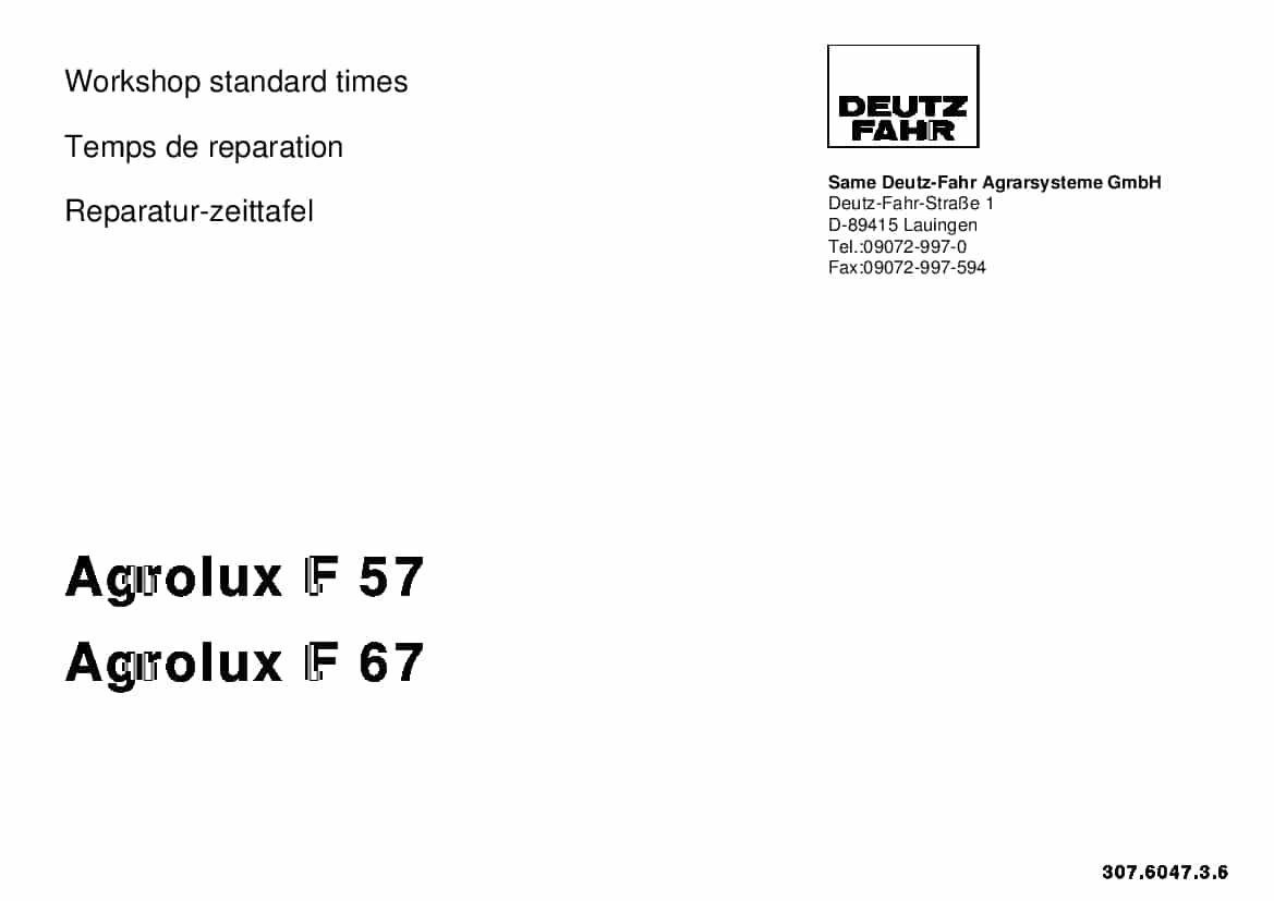 DEUTZ-FAHR Agrolux F 57 - 67 Deutsch Part Manual and Workshop standard times PDF Download