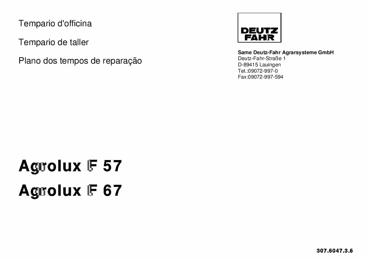 DEUTZ-FAHR Agrolux F 57 - 67 Italiano Part Manual and Workshop standard times PDF Download