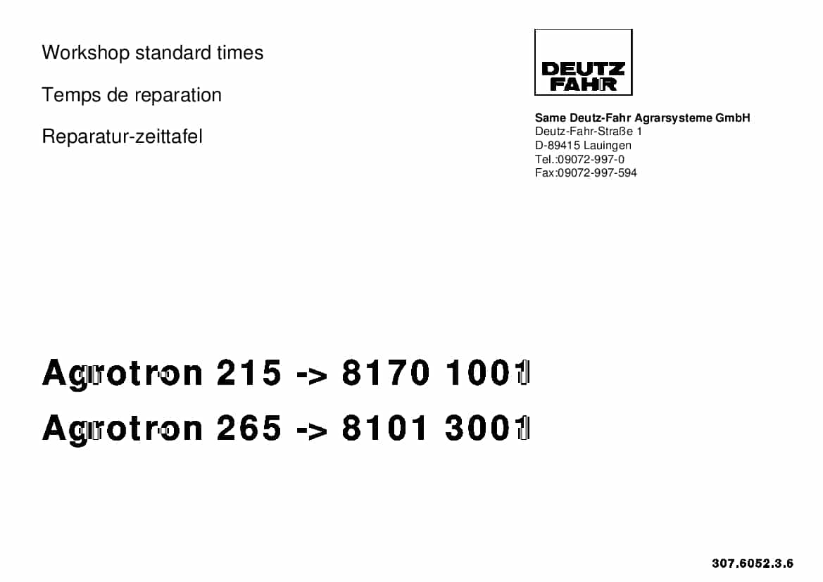 DEUTZ-FAHR Agrotron 215 265 English Part Manual and Workshop standard times PDF Download