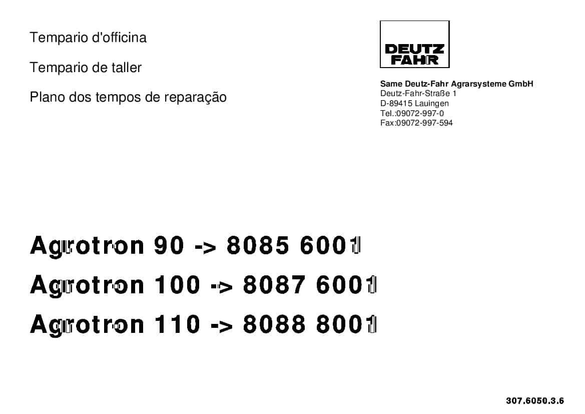 DEUTZ-FAHR Agrotron 90 -6001 - 100 -6001 - 110 -8001 Italiano Part Manual and Workshop standard times PDF Download