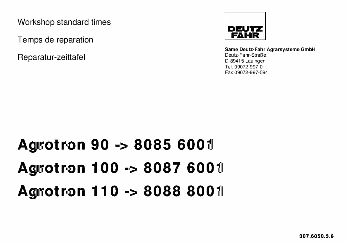 DEUTZ-FAHR Agrotron 90 -6001 - 100 -6001 - 110 -8001 Polish Part Manual and Workshop standard times PDF Download