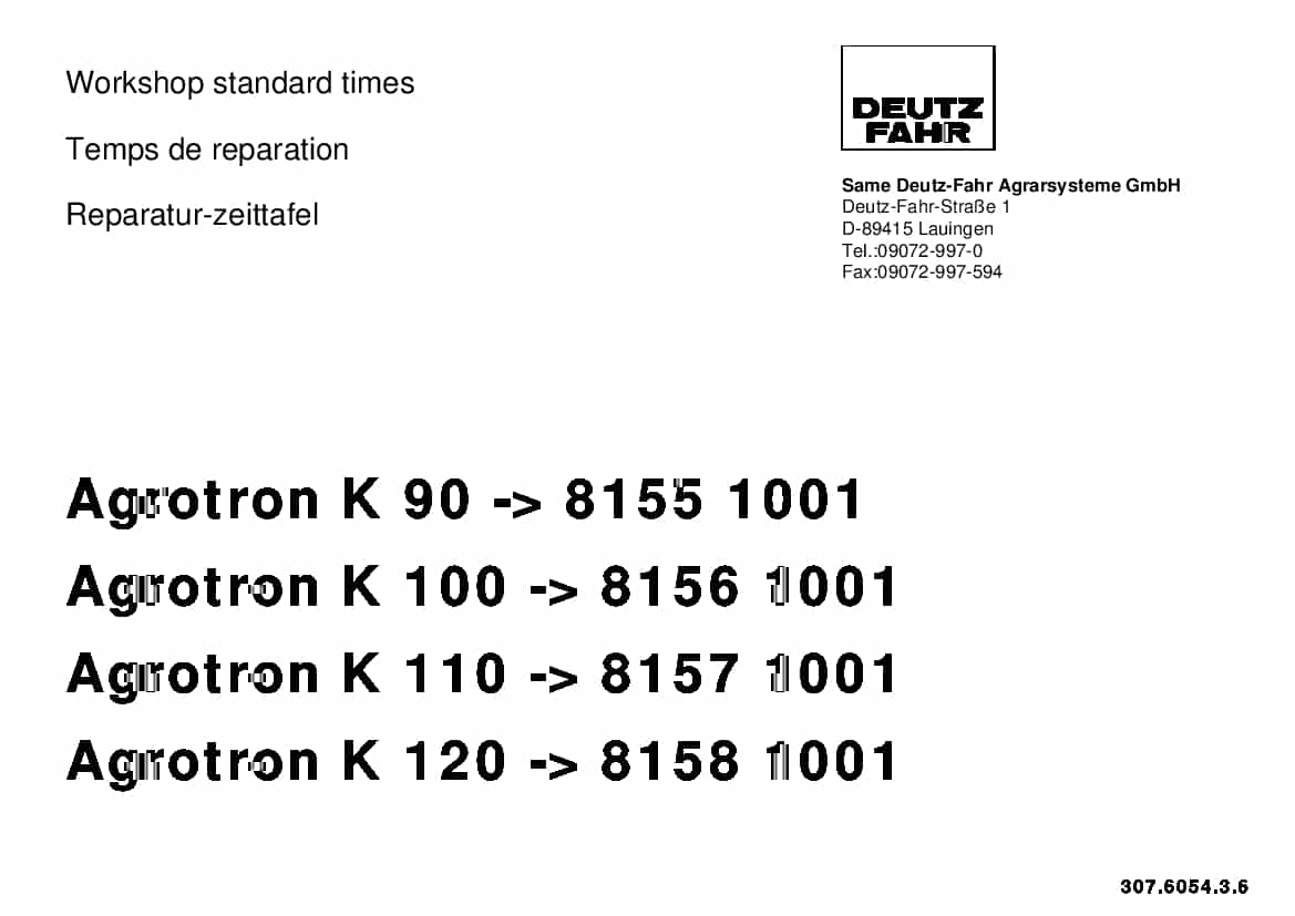 DEUTZ-FAHR Agrotron K 90 K 100 K 110 K 120 English Part Manual and Workshop standard times PDF Download