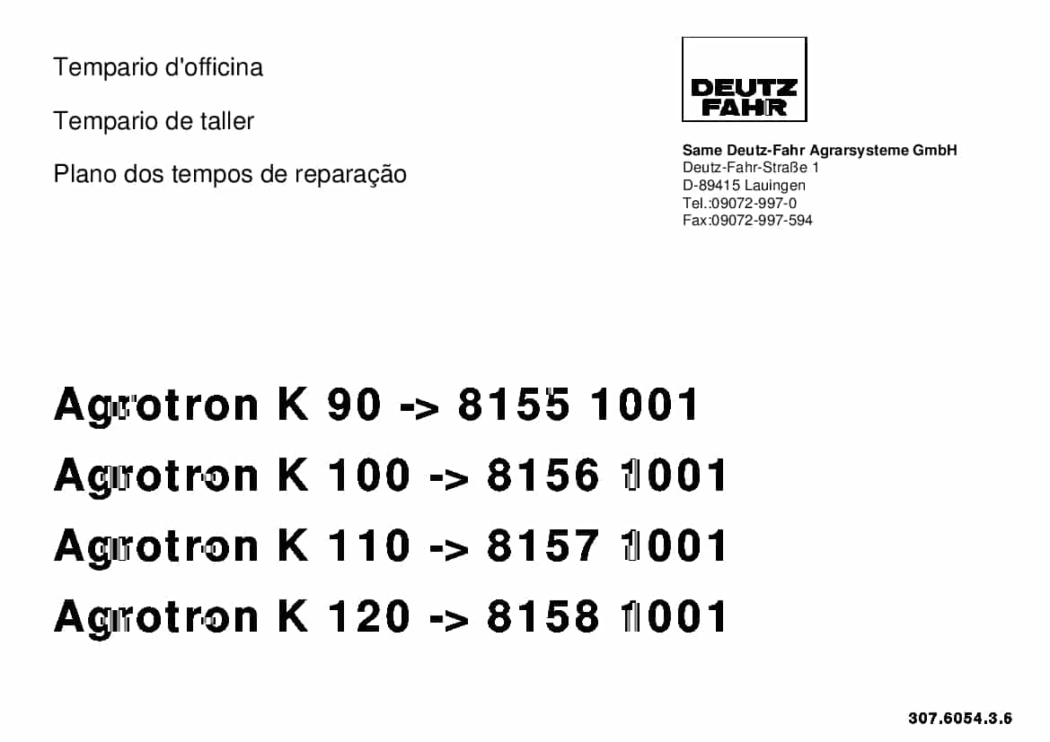 DEUTZ-FAHR Agrotron K 90 K 100 K 110 K 120 Portogues Part Manual and Workshop standard times PDF Download