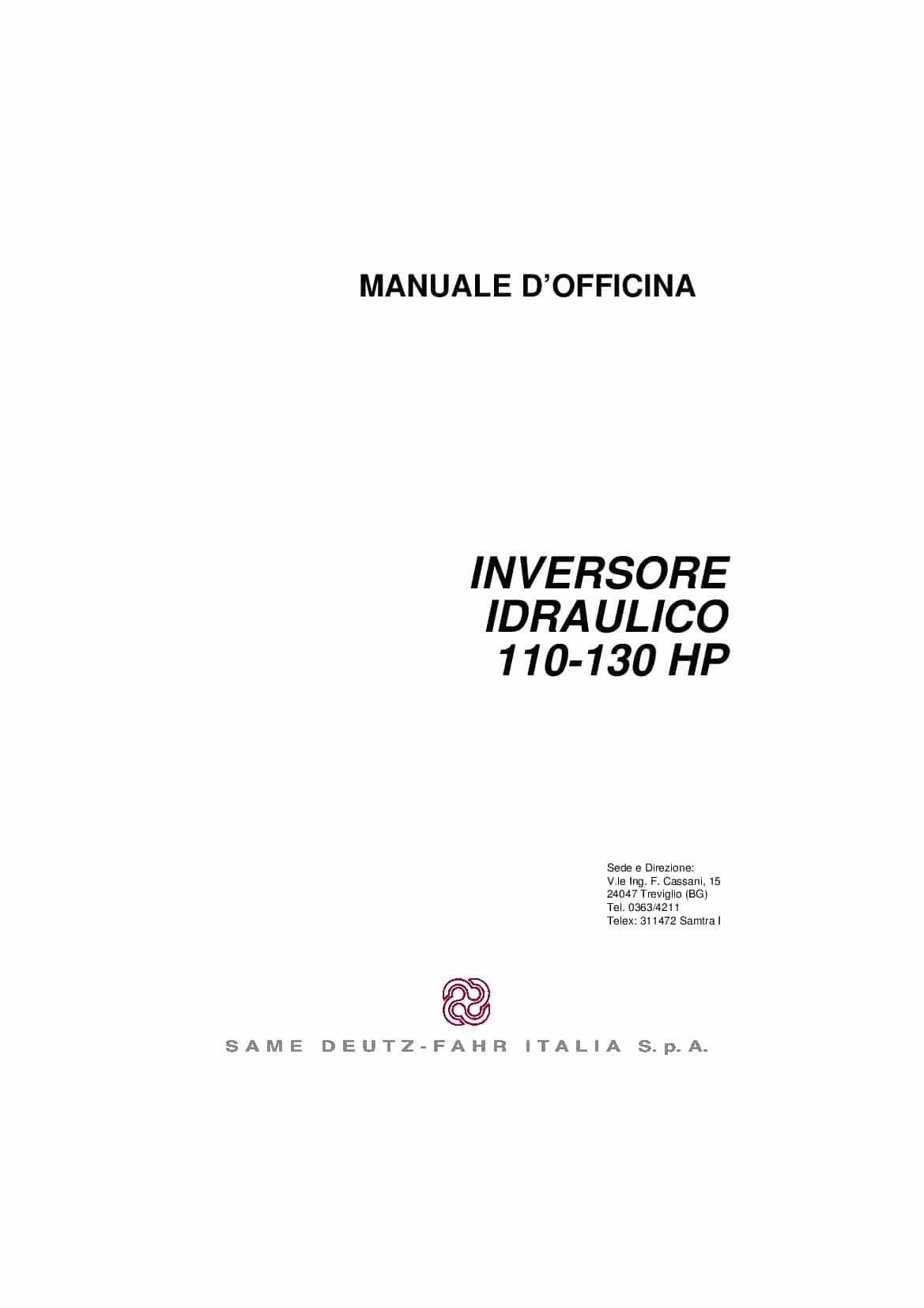 DEUTZ-FAHR HYDRAULIC INVERSOR 110-130 Italiano Service Workshop Manual PDF Download
