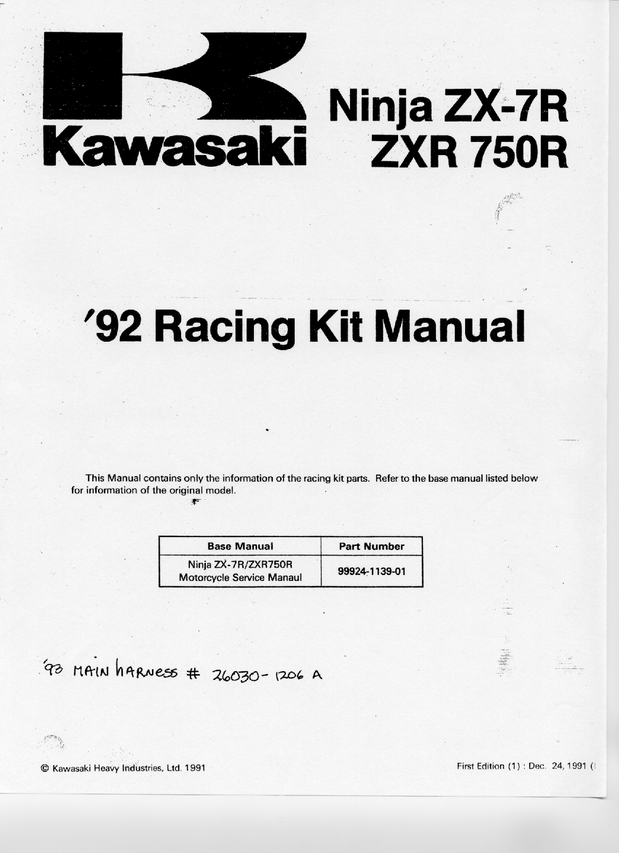 Kawasaki ZXR 750 Racing Kit Manual 1992 PDF Download