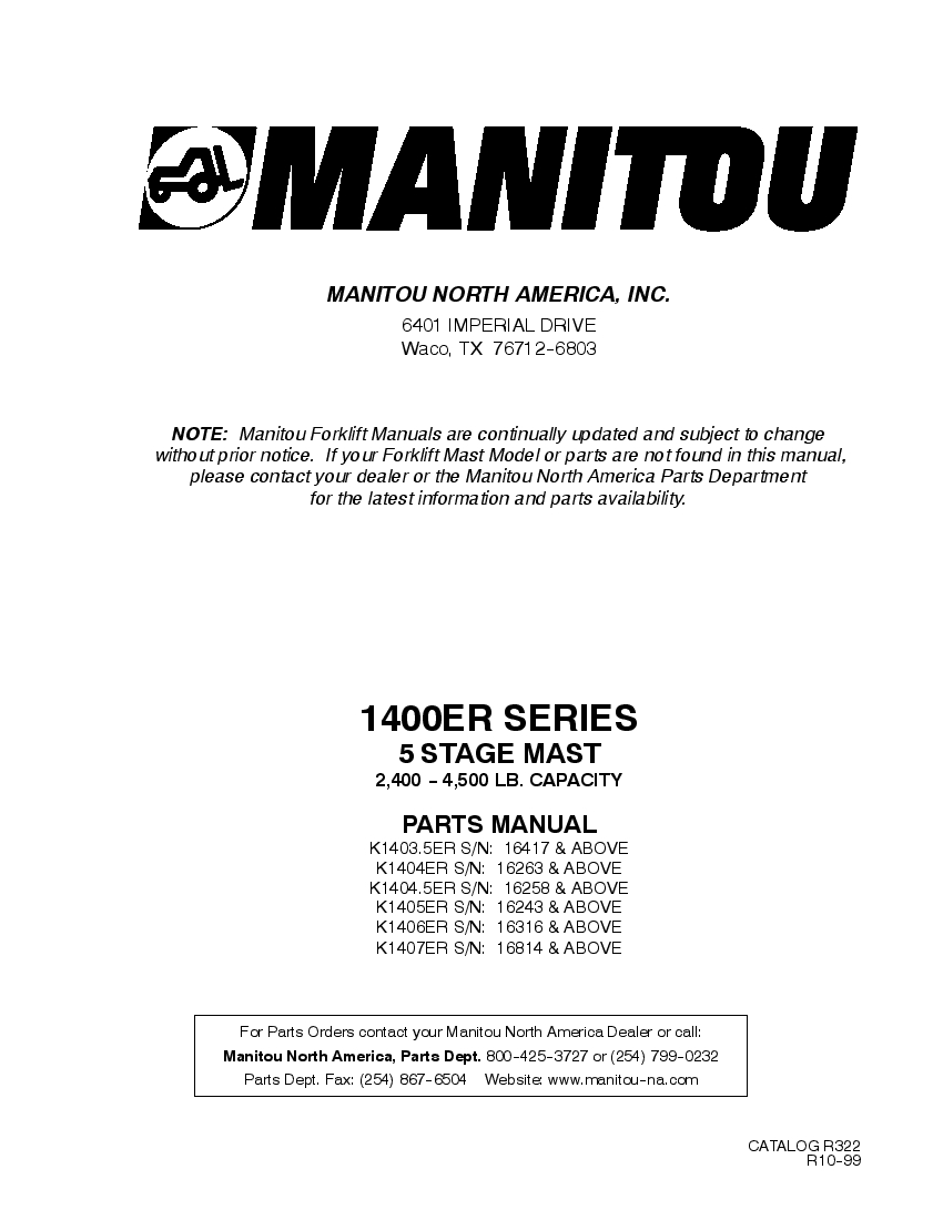 Manitou Forklift 1400ERSeries Parts Manual PDF Download