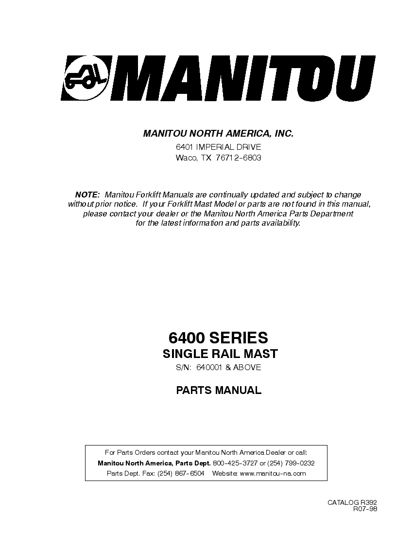 Manitou Forklift 6400Series Parts Manual PDF Download