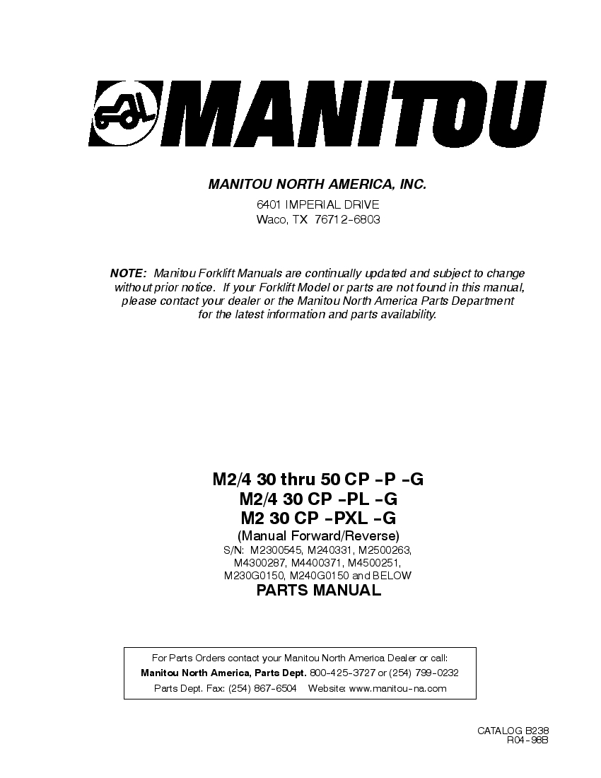 Manitou Forklift M230,430,240,440,250,450-M2300545,M240331,M2500263,M4300287,M4400371,M4500251,M230G0150,M24 Parts Manual PDF Download